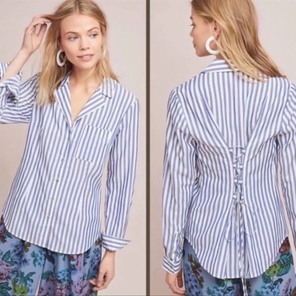 Pilcro and the Letterpress blue & white striped button down shirt, size 10